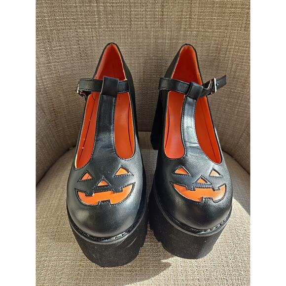 HOT TOPIC Pumpkin Platforms Shoes Jack O'Lantern Mary Jane Goth Platforms Sz 10 - Picture 1 of 5